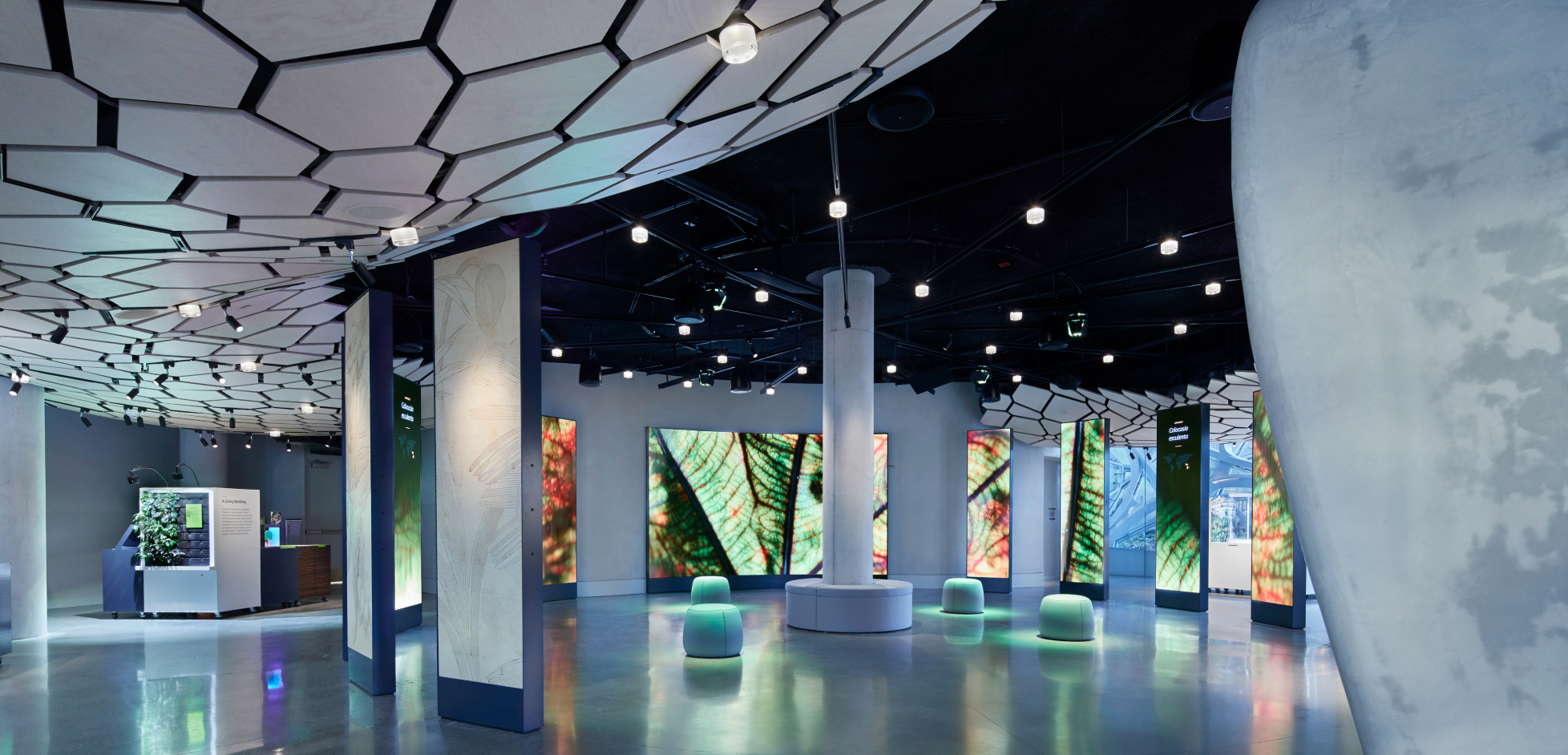 Futuristic room with hexagonal ceiling, vibrant nature screens, glowing stools; dimly lit with spotlights for an immersive vibe.