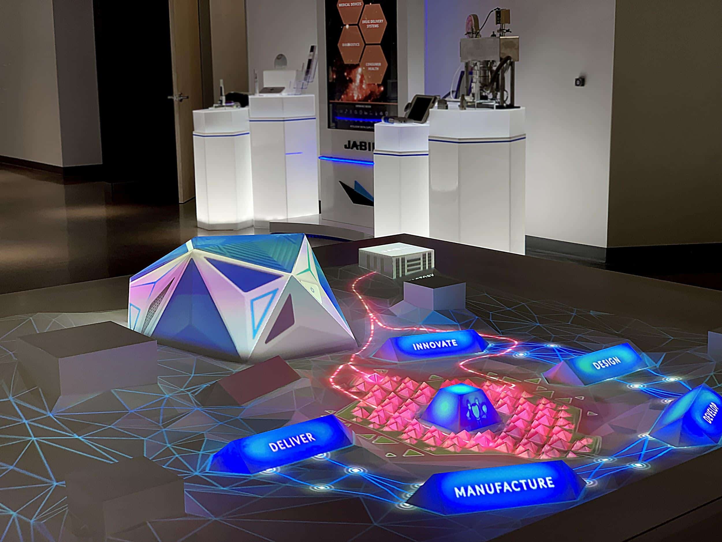 A futuristic model with a central dome, digital pathways: Deliver, Innovate, Prototype, Manufacture.