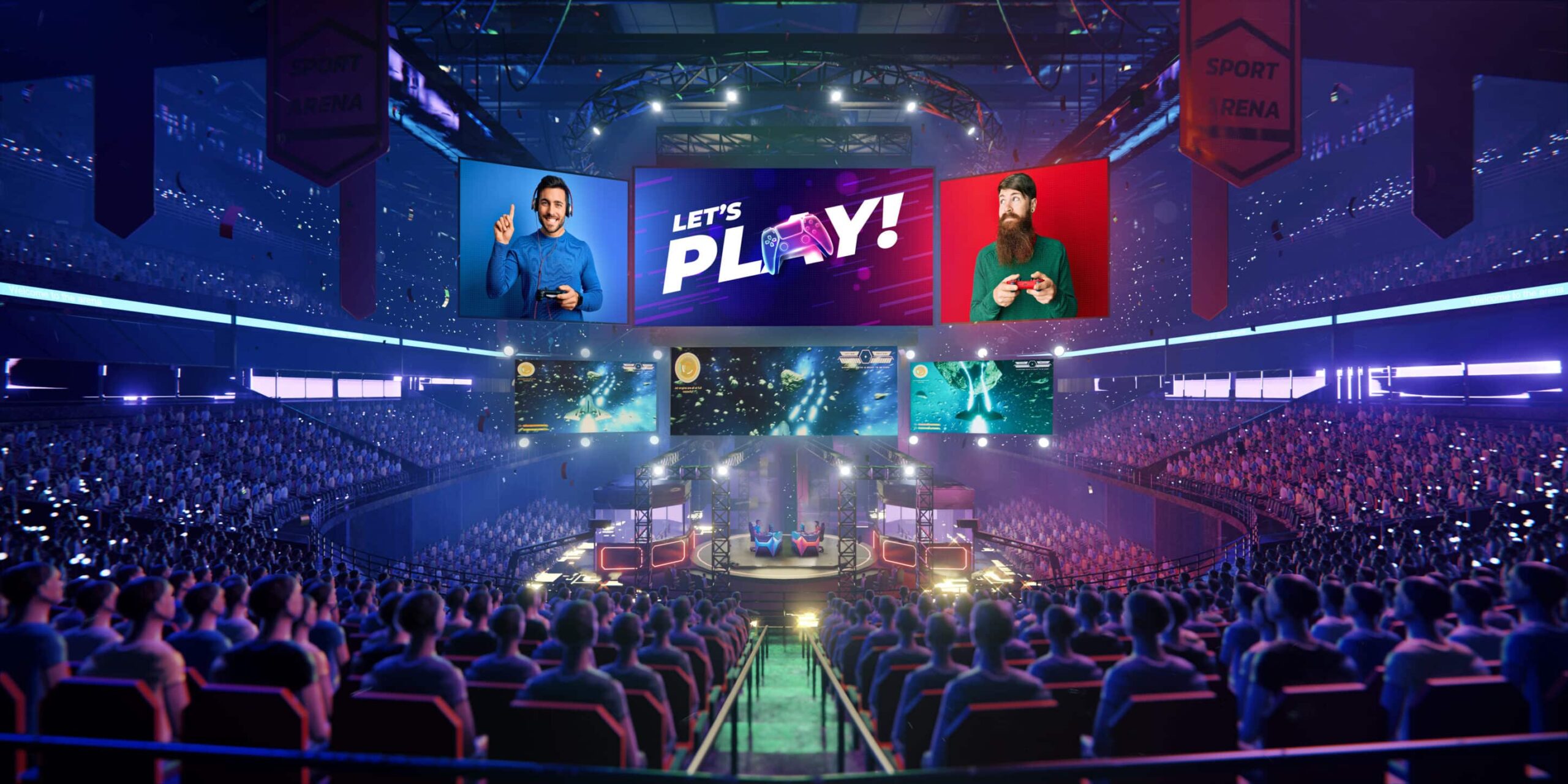 Vibrant esports arena: spectators, screens with Lets Play! Gamers on stage, colorful lights, digital visuals.