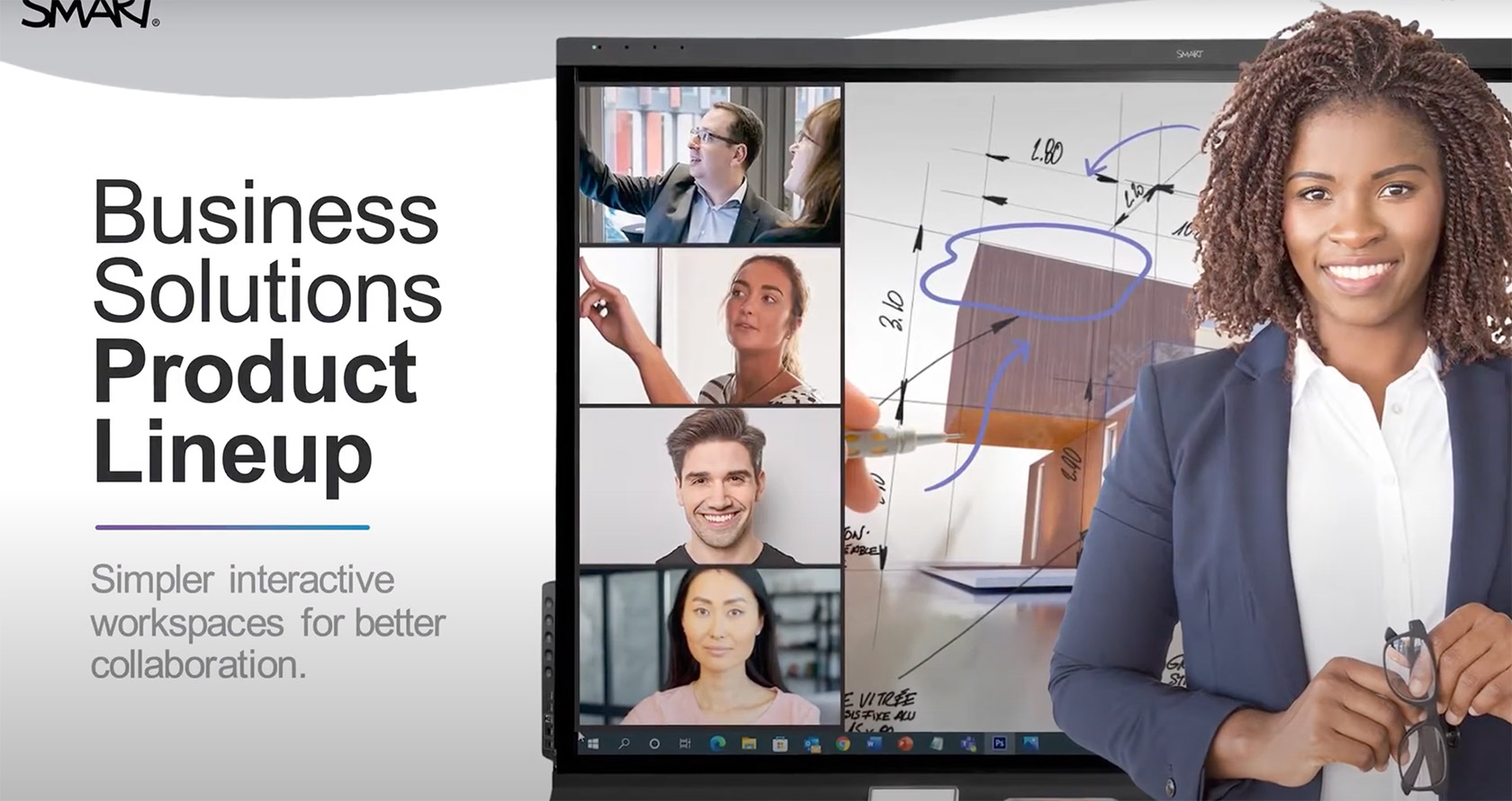 Collage of people on a meeting room in a PC with a woman showing Smart solutions