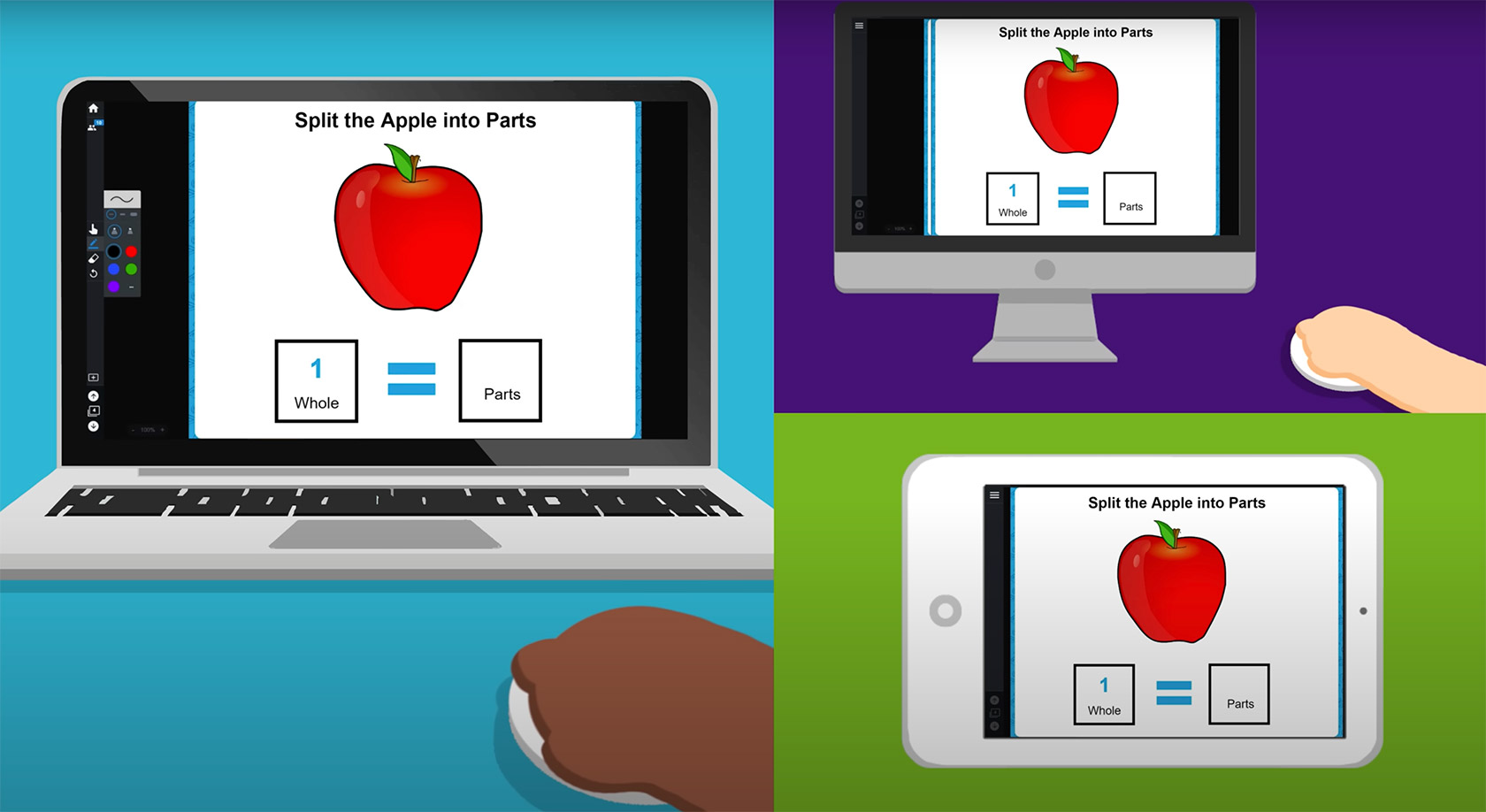 An image of red apple on multiple devices such as Laptop, Desktop monitor and Mobile