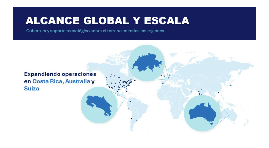 Gráfico de anuncio de AVI-SPL que destaca la expansión de sus operaciones en Costa Rica, Australia y Suiza, con un mapa global, marcadores de ubicación conectados y la identidad corporativa de la marca en colores azul marino y turquesa.